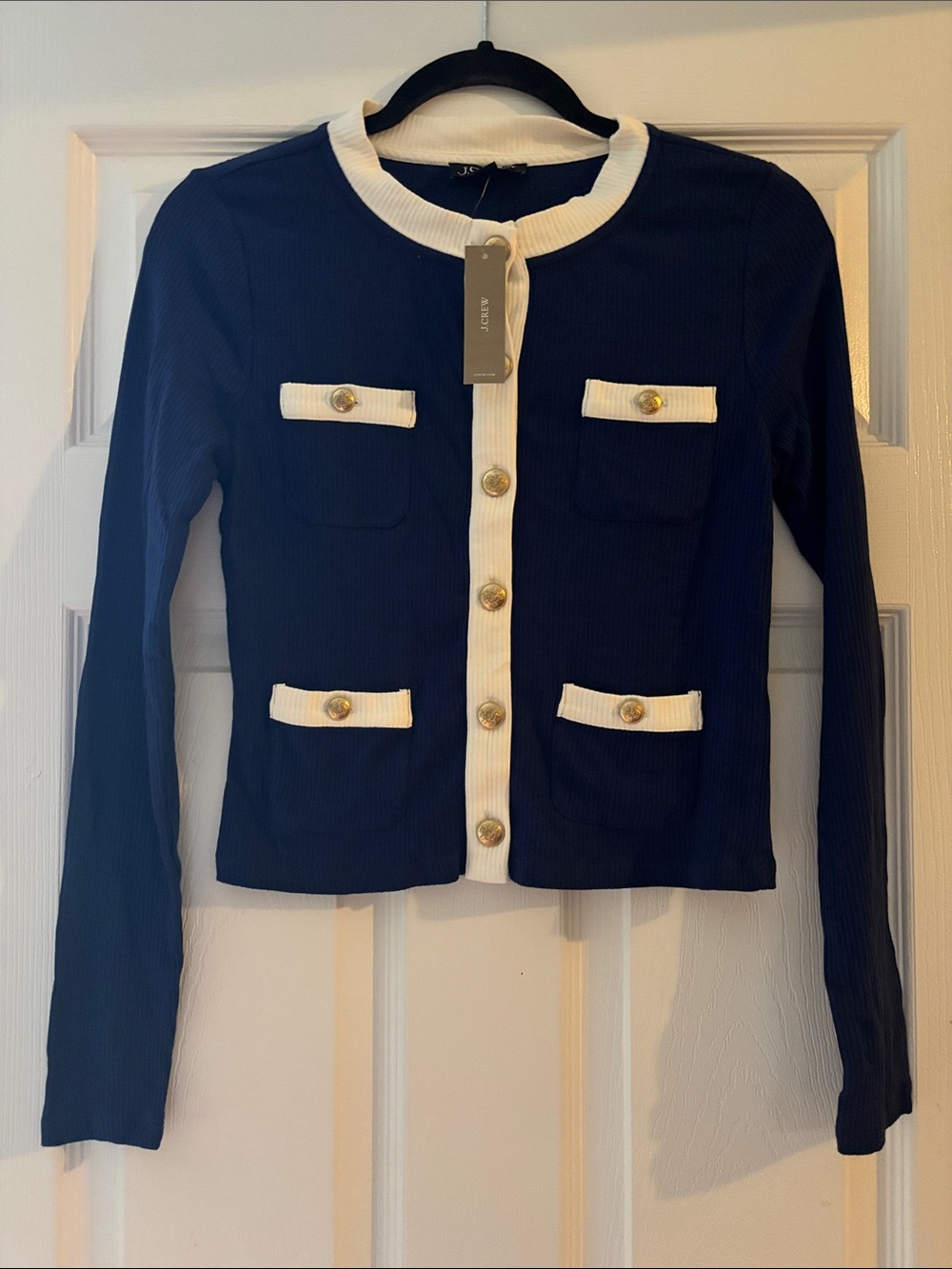 J. Crew Navy Knit Top with White Trim and Gold Buttons
